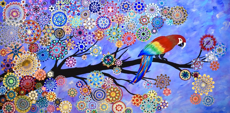 Macaw, 2018. (48x24). An early large painting that took a while to do! Experimenting with lots of colour.